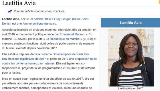 Laetitia Avia (LREM) aurait tenté plusieurs fois de modifier des pans entiers de sa page Wikipédia, notamment la partie sur l’affaire de la morsure du chauffeur de taxi