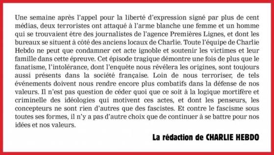 Réaction de Charlie Hebdo à l'attaque à la machette à Paris: “Cet épisode tragique démontre une fois de plus que le fanatisme, l’intolérance, dont l’enquête nous dévoilera les origines, sont toujours aussi présents dans la société française”