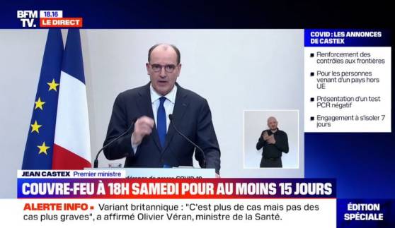 Jean Castex annonce un couvre-feu à 18h dès samedi pour au moins deux semaines en France métropolitaine