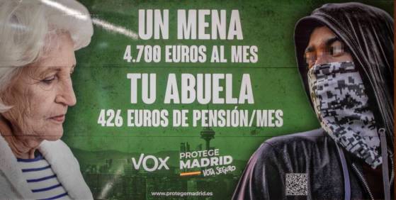 «Un mineur étranger non accompagné (MNA), 4 700 euros par mois, ta grand-mère, 426 euros de pension/mois» : en Espagne, le parti Vox publie une affiche sur le coût des migrants mineurs isolés et crée la polémique