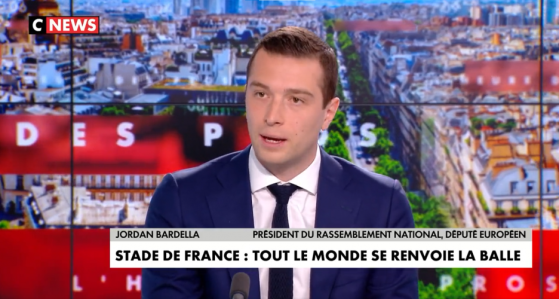 Jordan Bardella (RN) à propos du Stade de France : "Tout le monde a une version, il n'y a que le ministre de l'Intérieur qui en a une autre, (…) le problème c'est les hordes de gens qui sont venus pour casser et piller"